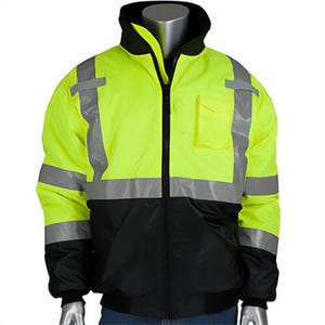 PIP® 333-1740-LY/XL Bomber Jacket, Black/Hi-Viz Lime Yellow, Polyester, 59 in Chest, ANSI Type R Class 3