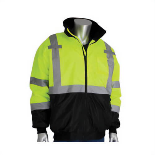 PIP® 333-1766-LY/M Bomber Jacket with Zip-Out Fleece Liner, Hi-Viz Lime Yellow, Polyester, 54 in Chest, Resists: Water
