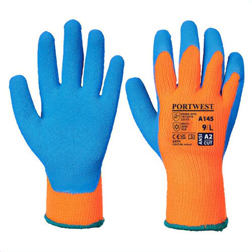 Portwest A145OBLXXL Cold Grip Glove, Crinkle Latex Grip, Dipped Palm and Thumb, ANSI Cut Level A2Latex, Orange/Blue, 2XL