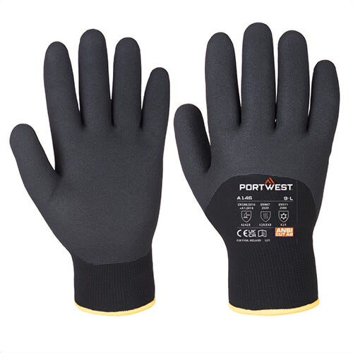 Portwest A146BKRXL Arctic Winter Glove, Nitrile Sandy, 480°F Heat Protection, ANSI Cut Level A2, Abrasion Level 4, Black, XL