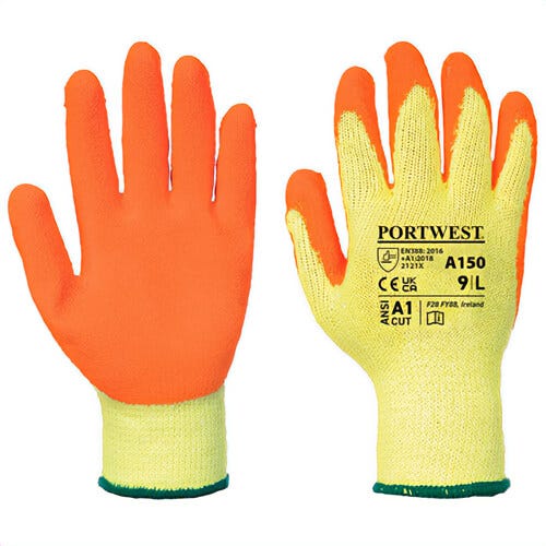 Portwest A150ORRXXL Classic Grip Glove, Crinkle Latex, Knitted Cuff, Breathable and Seamless Liner, Orange, 2XL