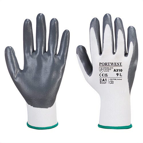 Portwest A310GRWS Flexo Grip Nitrile Coated Glove, Lightweight, Palm Dipped, Gray/White, S
