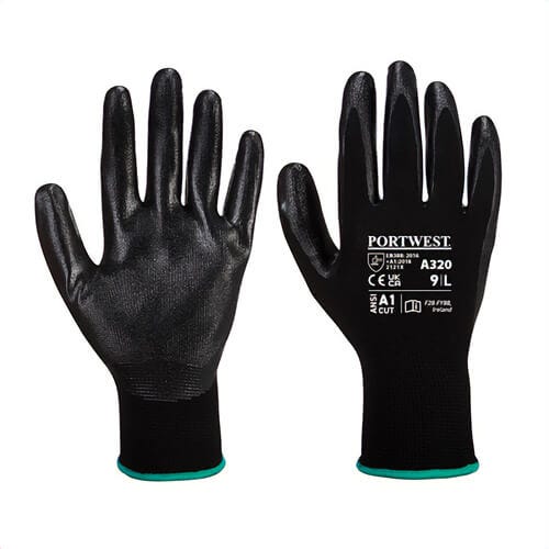 Portwest A320BKRXXL Dexti-Grip Glove, Nitrile Foam, Palm Dipped, Elasticized Cuff, ANSI Cut Level A1, Abrasion Level 3, Black, 2XL