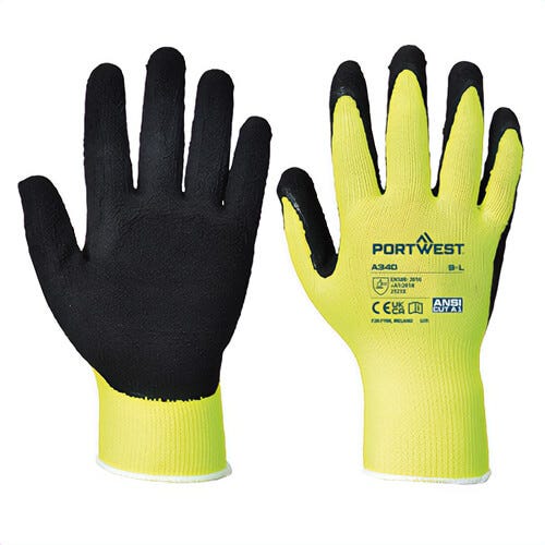 Portwest A340YERXXL Hi-Viz Grip Glove, Latex Foam Coating, Palm Dipped, ANSI Cut Level A1, Abrasion Level 2, Yellow, 2XL