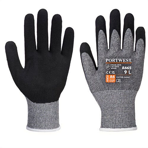 Portwest A665GRRXXL VHR Advanced Cut Glove, Nitrile Foam Coating, Palm Dipped, ANSI Cut Level A6, ANSI Abrasion Level 6, Gray, 2XL