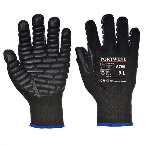Portwest A790BKRXXL Anti Vibration Glove, Reduce Vibration 40%, Lightweight, Breathable Seamless Liner, Black, 2XL