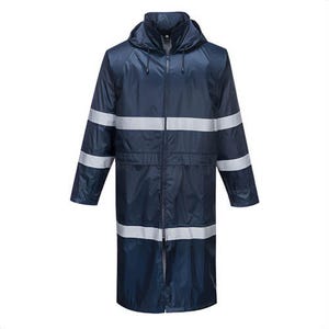 Portwest F438NARXXXL Ionaâ„¢ Enhanced Hooded Rain Coat, 47 in, Lightweight, Waterproof, Reflective Tape, Front Zip, Navy, 3XL