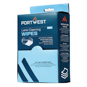 Portwest PA01WHR Lens Cleaning Wipes, Anti-Static, Silicone-Free, 5 in x 8 in Box, White, 100 Towelettes
