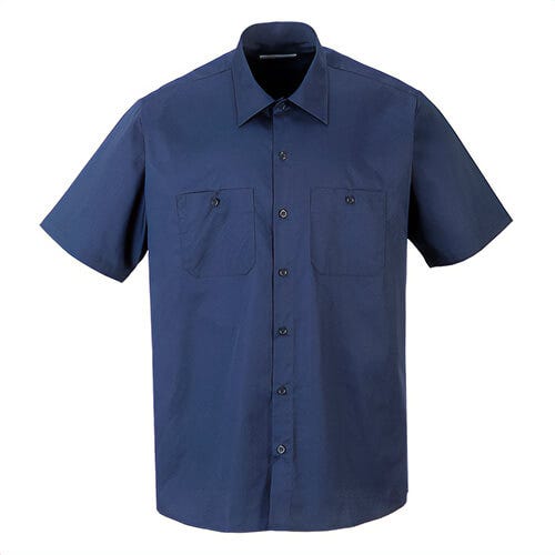 Portwest S124NAR4XL Industrial Work Shirt, Short Sleve, Stain-Resistant Texpel™ Finish, 6 Button Closure, 2 Pockets, Navy, 4XL