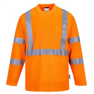 Portwest S191YETXXL Hi-Viz Pocket T-Shirt Long Sleeve, Moisture Wicking, Refelective Tape, 40+ UPF Rated Fabric, Yellow, Tall, 2XL
