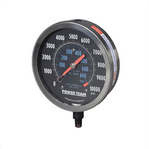 Power Team® 9089 Heavy Duty Hydraulic Pressure Gauge, No Liquid Filled, 0 to 10,000 psi, 1/4 in NPT Connection, 6 in dia Dial