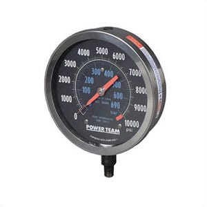 Power Team® 9089 Heavy Duty Hydraulic Pressure Gauge, No Liquid Filled, 0 to 10,000 psi, 1/4 in NPT Connection, 6 in dia Dial