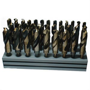 Qualtech DWD833SD-CO-SET 2-Flute Reduced Shank Drill Set, 1/2 in Min Drill Bit, 1 in Max Drill Bit, 135° Drill Point Angle, 33 pc, Cobalt, Gold
