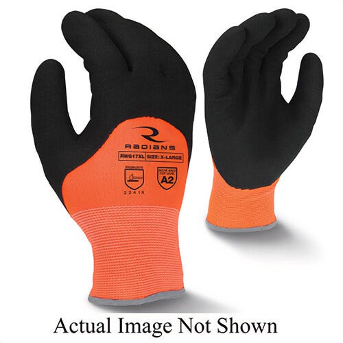 Radians® RWG17M General Purpose Gloves, Cold Weather/Dipped Palm, Extra Grip/String Knit Style, M, Foam Latex Palm, 13 ga Nylon, Black/Hi-Viz Orange