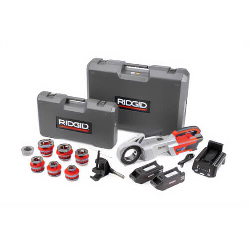 Ridgid® 72023 Power Drive 12-R, 2x 4Ah FXP™ Batteries, FXP™ Charger, 1/2-2 in 12-R NPT Die Head Set, Support Arm, Case 760 FXP™