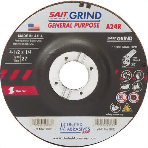 SAIT® 20063 General Purpose Depressed Center Wheel, 4-1/2 in dia x 1/4 in Thick, 7/8 in Center Hole, 24 Grit