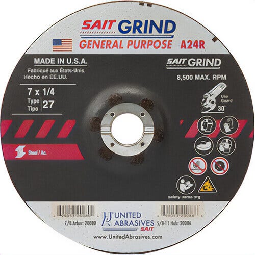 SAIT® 20080 General Purpose Depressed Center Wheel, 7 in dia x 1/4 in Thick, 7/8 in Center Hole, 24 Grit, Aluminum Oxide Abrasive