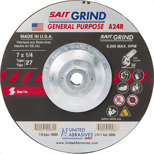 SAIT® 20086 General Purpose Depressed Center Wheel, 7 in dia x 1/4 in Thick, 24 Grit, Aluminum Oxide Abrasive