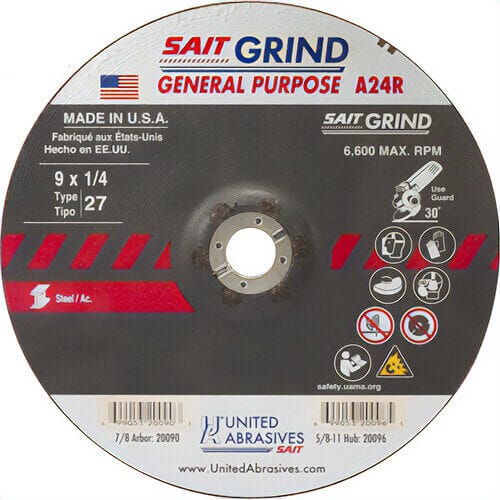 SAIT® 20090 General Purpose Depressed Center Wheel, 9 in dia x 1/4 in Thick, 7/8 in Center Hole, 24 Grit, Aluminum Oxide Abrasive