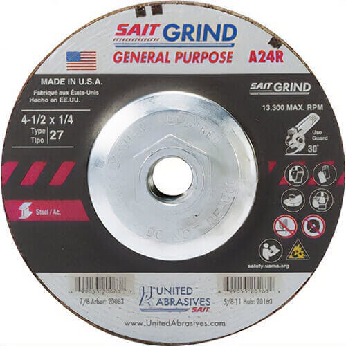 SAIT® 20163 General Purpose Depressed Center Wheel, 4-1/2 in dia x 1/4 in Thick, 24 Grit, Aluminum Oxide Abrasive
