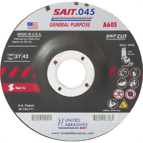 SAIT® 22011 General Purpose Depressed Center Wheel, 4 in dia x 0.045 in Thick, 5/8 in Center Hole, 60 Grit, Aluminum Oxide Abrasive