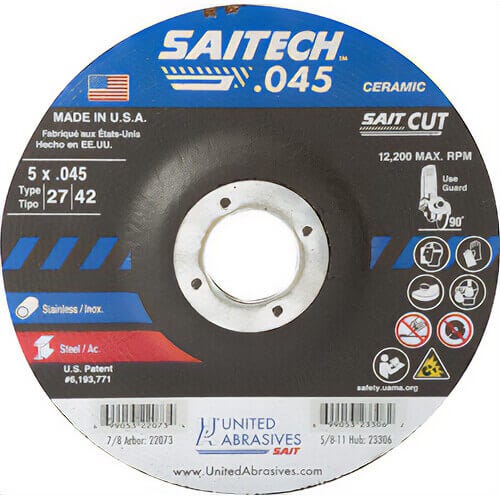 SAIT® Saitech™ 22073 High Performance Depressed Center Wheel, 5 in dia x 0.045 in Thick, 7/8 in Center Hole, 36 Grit, Ceramic Alumina Oxide Abrasive