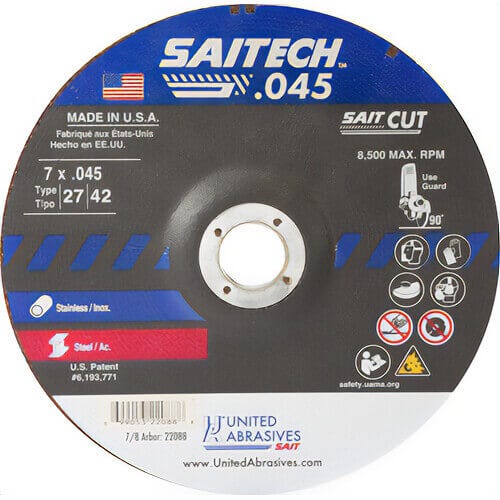 SAIT® Saitech™ 22088 High Performance Depressed Center Wheel, 7 in dia x 0.045 in Thick, 7/8 in Center Hole, 36 Grit, Ceramic Alumina Oxide Abrasive