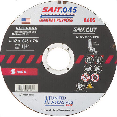 SAIT® 23101 Thin High Speed Cut-Off Wheel, 4-1/2 in dia x 0.045 in Thick, 7/8 in Center Hole, A60S Grit, Aluminum Oxide Abrasive