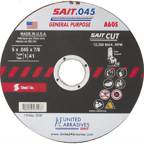 SAIT® 23103 Thin High Speed Cut-Off Wheel, 5 in dia x 0.045 in Thick, 7/8 in Center Hole, A60S Grit, Aluminum Oxide Abrasive