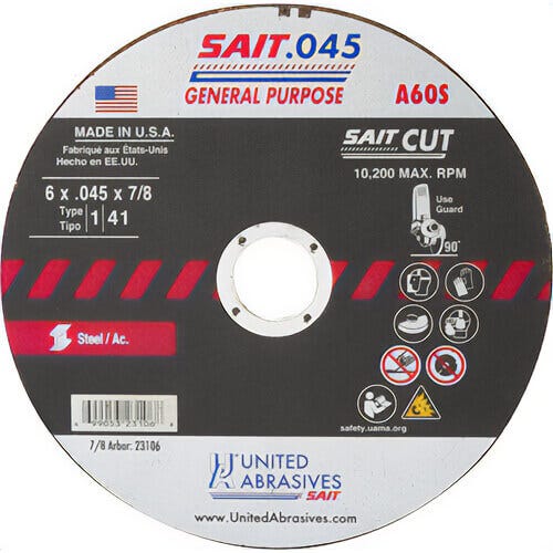 SAIT® 23106 Thin High Speed Cut-Off Wheel, 6 in dia x 0.045 in Thick, 7/8 in Center Hole, A60S Grit, Aluminum Oxide Abrasive