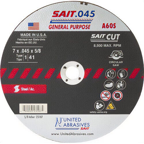 SAIT® 23107 Thin High Speed Cut-Off Wheel, 7 in dia x 0.045 in Thick, 5/8 in Center Hole, A60S Grit, Aluminum Oxide Abrasive