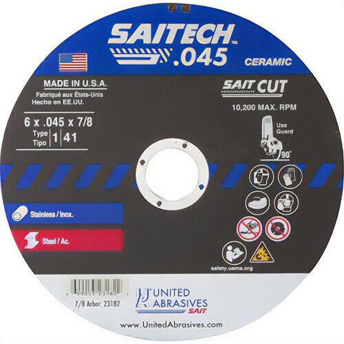 Saitech™ 23182 High Performance Thin High Speed Cut-Off Wheel, 6 in dia x 0.045 in Thick, 7/8 in Center Hole, 36 Grit