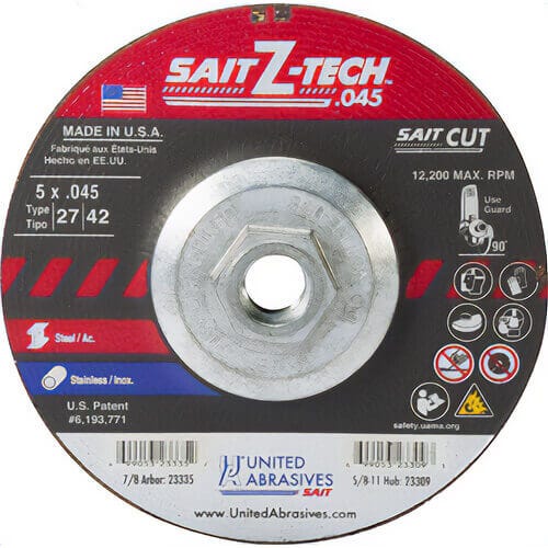 SAIT® 23309 Z-Tech™ Cutting Wheel, Type 27, Zirconia Alumina, 5 in x 0.045 in x 5/8 in-11 Cutting, 10 ea
