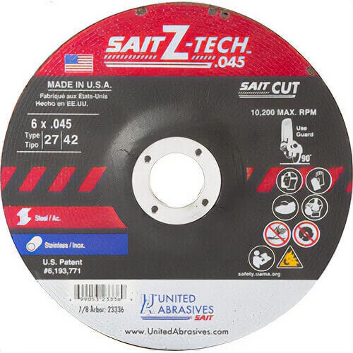 SAIT® Z-Tech™ 23336 High Performance Depressed Center Wheel, 6 in dia x 0.045 in Thick, 7/8 in Center Hole, 36 Grit, Zirconia Abrasive