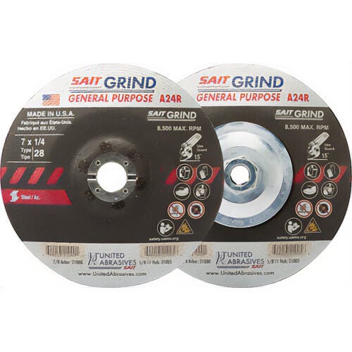 SAIT® 21000 General Purpose Saucer Shape Depressed Center Wheel, 7 in dia x 1/4 in Thick, 7/8 in Center Hole, 24 Grit