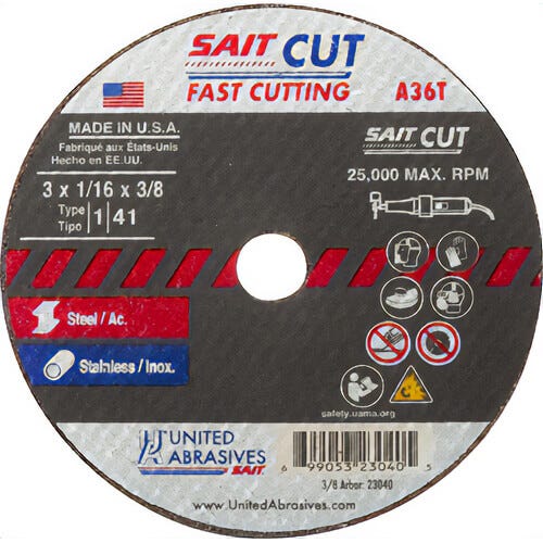 SAIT® 23042 Thin High Speed Cut-Off Wheel, 3 in dia x 1/16 in Thick, 1/4 in Center Hole, A36T Grit, Aluminum Oxide Abrasive