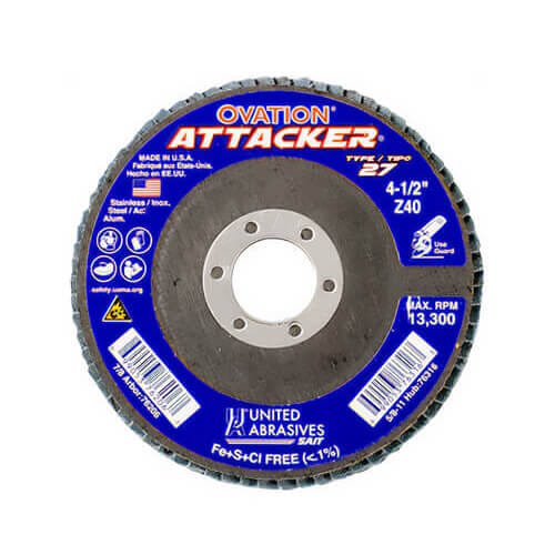 SAIT® Ovation® Attacker® 76206 Close High Density High Performance Coated Abrasive Flap Disc, 4-1/2 in dia, 7/8 in Center Hole, 40 Grit, Coarse Grade