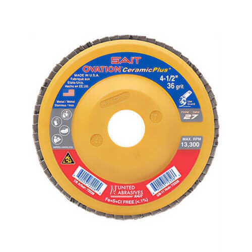 SAIT® 72226 Ovation® Ceramic Plus+ Close High Density Coated Abrasive Flap Disc, 4-1/2 in dia, 7/8 in Center Hole, 36 grit, Coars