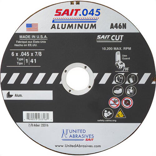 SAIT® 23314 Thin High Speed Cut-Off Wheel, 4-1/2 in dia x 0.045 in Thick, 7/8 in Center Hole, A46N Grit, Aluminum Oxide Abrasive