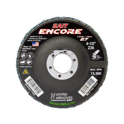 SAIT® Encore 71219 Close High Performance Regular Density Coated Abrasive Flap Disc, 4-1/2 in dia, 80 Grit, Medium Grade, Zirconia Alumina Abrasive