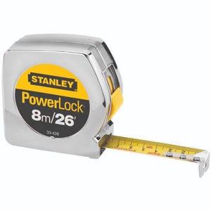 Stanley® 33-428 PowerLock® Tape Rule, Mylar® Polyester Film/BladeArmor™ Blade, Metric/SAE Measuring System, 26 ft L x 1 W in Blade
