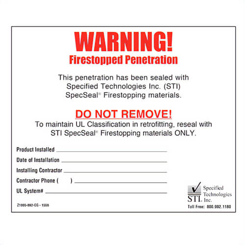 STI® Z1005-892-CG Fire Penetration Warning Label, 4-1/2 in H x 5-3/8 in L, Red/White, 1000 per Roll