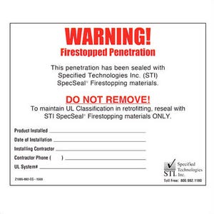 STI® Z1005-892-CG Fire Penetration Warning Label, 4-1/2 in H x 5-3/8 in L, Red/White, 1000 per Roll