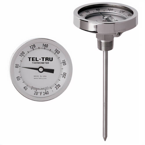Tel-Tru® 38102402AKLAAAA Dial Thermometer, Back Connected, -40°/160°F, -40°/70°C, 1/2 in NPT, 24 in L Stem, 5 in Dial Size