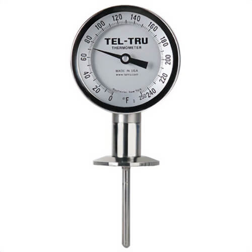Tel-Tru® 3910IC50B6NEAAA-20 Dial Thermometer, Bottom Connected, 0°/200°F, 2 in Sanitary Flange, 1.625 in L Stem, 3 in Dial Size