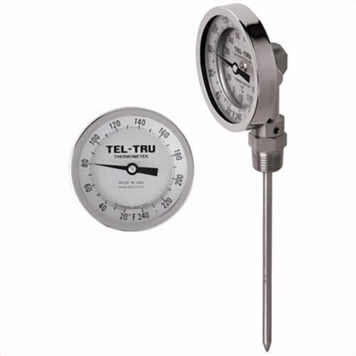 Tel-Tru® 40101867AKLAAAA Dial Thermometer, Bottom Connected, 0°/250°F, 1/2 in NPT, 18 in L Stem, 3 in Dial Size