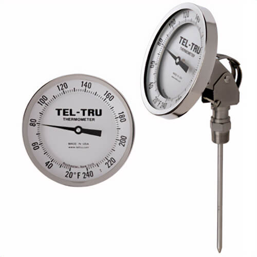 Tel-Tru® 42100265AKKAAAA Dial Thermometer, Adjustable Angle Connected, 150°/750°F, 1/2 in NPT, 2.5 in L Stem, 5 in Dial Size 