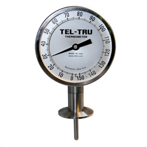 Tel-Tru® 40100207B6LAJAA-10 Dial Thermometer, Bottom Connected, 50°/300°F, 10°/110°C, 1.5 in Sanitary Flange, 2.5 in L Stem, 3 in