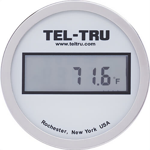 Tel-Tru® ND3BXDV11W1-P12156 Digital Thermometer, Back Connected, -67°/302°F, 1/2 in NPT, 15 in L Stem, 3 in Dial Size