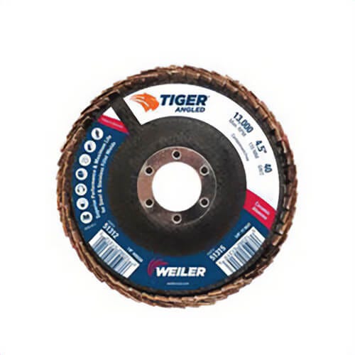 Weiler® 51312 Tiger® Coated Abrasive Flap Disc, 4-1/2 in dia, 7/8 in Center Hole, 40 Grit, Coarse Grade, Ceramic Alumina Abrasive